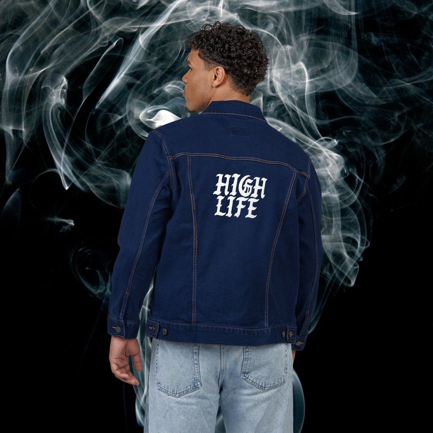 Embroidered High Life Denim Jacket, Stylish Outerwear, Unique Denim Gift, Casual Layering, Fall Fashion, Trendy Embroidery