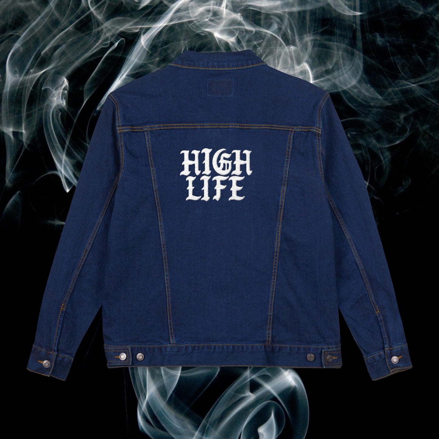 Embroidered High Life Denim Jacket, Stylish Outerwear, Unique Denim Gift, Casual Layering, Fall Fashion, Trendy Embroidery