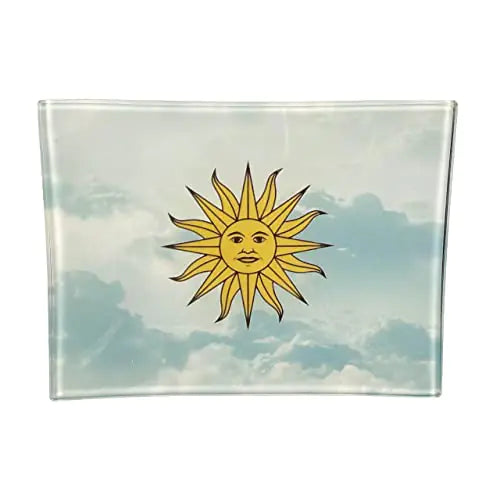 Glass Rolling Tray “Sun Face in Clouds Shatter Resistant 5" x 6.5" Tobacco Smoke Accessories - Tray God